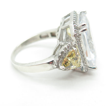 925 Sterling Silver White & Canary C Z Statement Ring Size 7.75