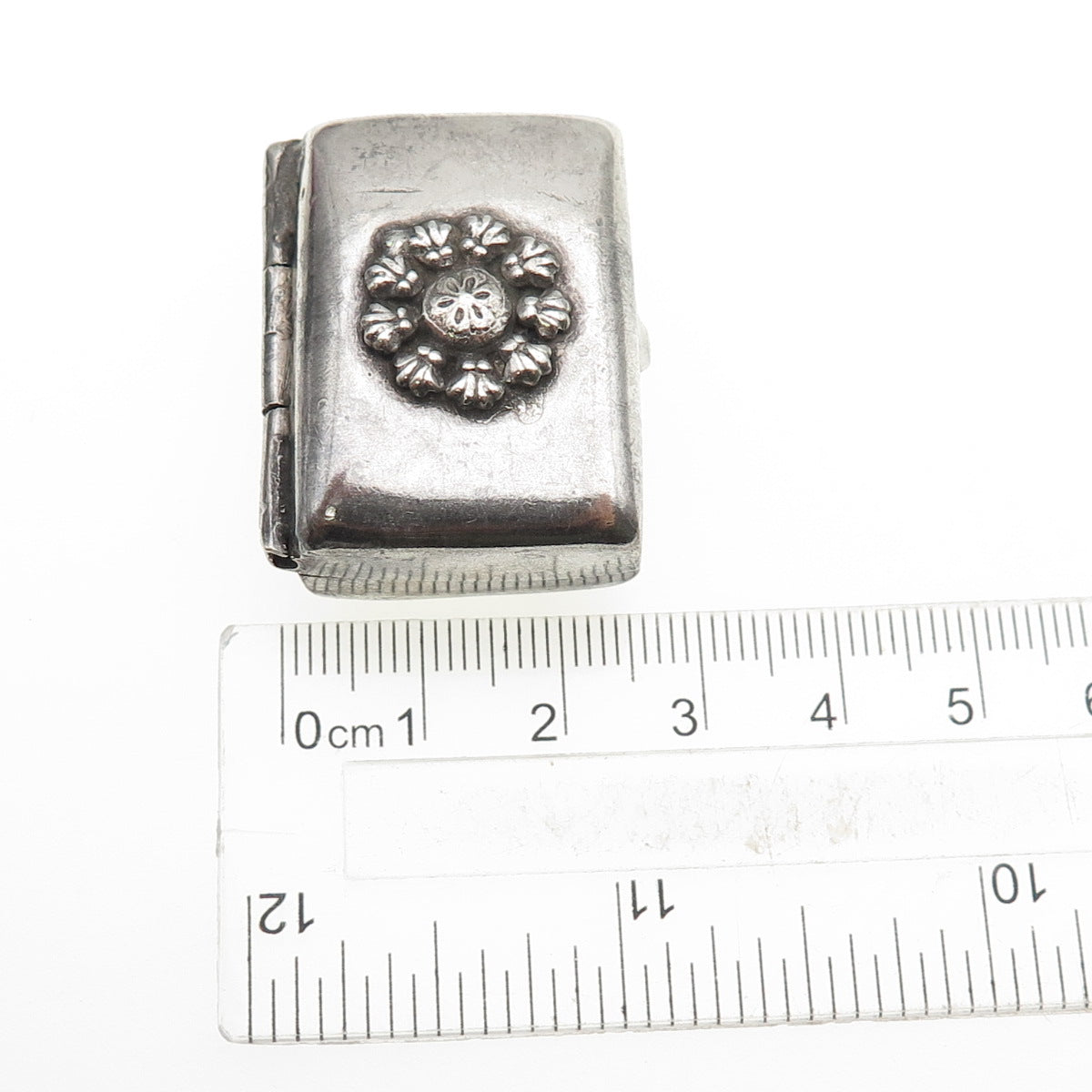 925 Sterling Silver Antique Art Deco Flower Oxidized Snuff / Pill Box