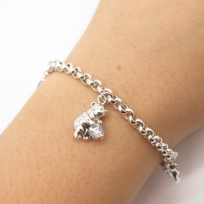 925 Sterling Silver Round-Cut C Z Bear Rolo Link Bracelet 7"