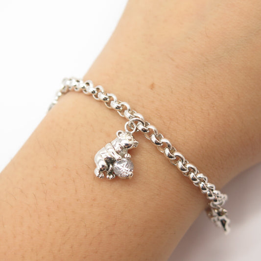 925 Sterling Silver Round-Cut C Z Bear Rolo Link Bracelet 7"