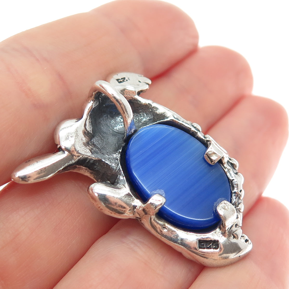 925 Sterling Silver Vintage Fiber Optic Blue Cat's Eye Koala Oxidized Pendant