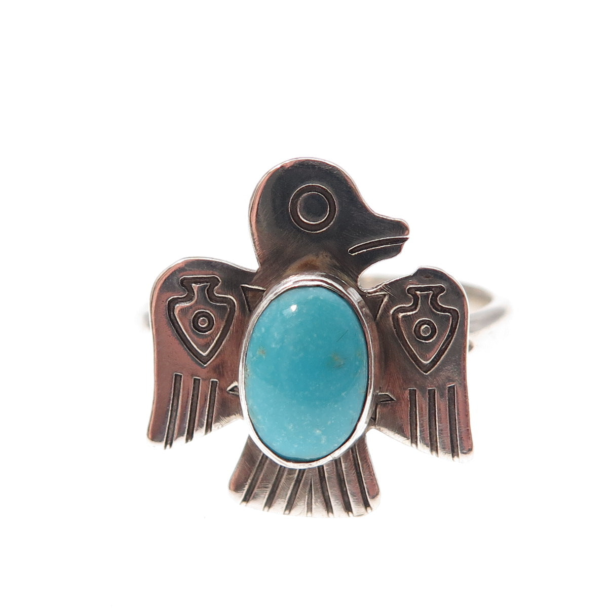 Old Pawn 925 Sterling Silver Vintage Turquoise Thunderbird Tribal Ring Size 7.75