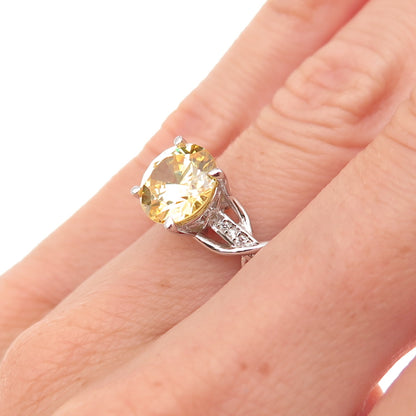 Key Star 925 Sterling Silver Round-Cut Canary & White C Z Ring Size 6