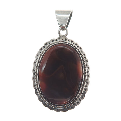 950 Silver Vintage Real Oval-Cut Agate Roped Pendant