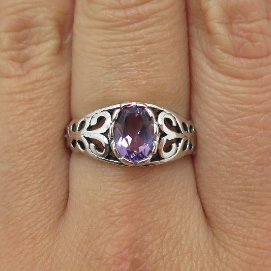 SETA 925 Sterling Silver Vintage Real Amethyst Gemstone Ornate Ring Size 8.25