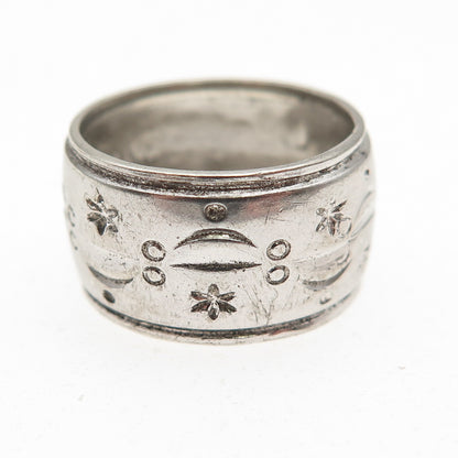 Uncas 925 Sterling Silver Antique Art Deco Floral Wide Band Ring Size 5.25