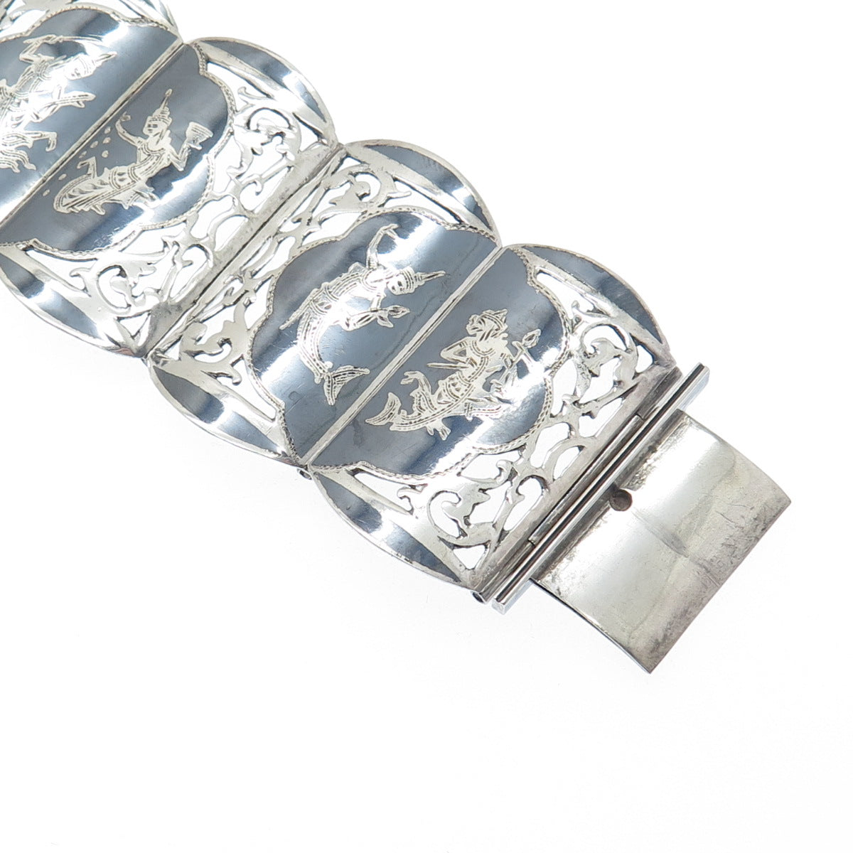 925 Sterling Silver Antique Siam Niello Hindu Goddess Panel Link Bracelet 7"