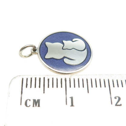 925 Sterling Silver Purple Enamel Cat Mom & Child Round Minimalist Charm Pendant