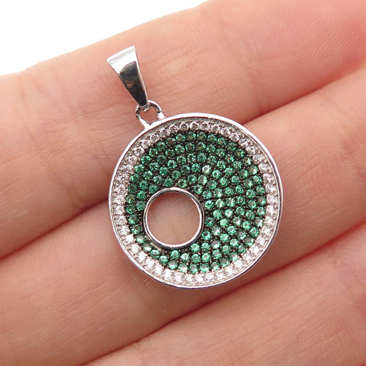 925 Sterling Silver Real Round-Cut Chrome Diopside & C Z Crescent Charm Pendant