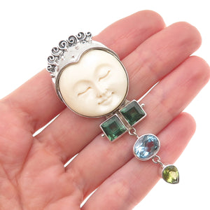 925 Sterling Silver Vintage Real Tourmaline Blue Topaz Peridot Moon Pin Pendant