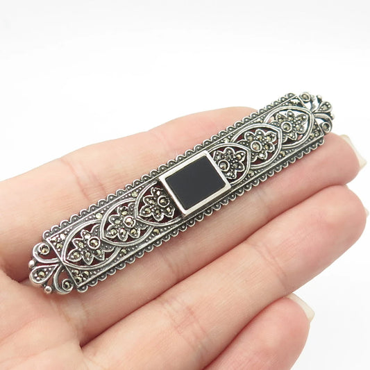 925 Sterling Silver Vintage Real Marcasite Gem Ornate Floral Bar Pin Brooch