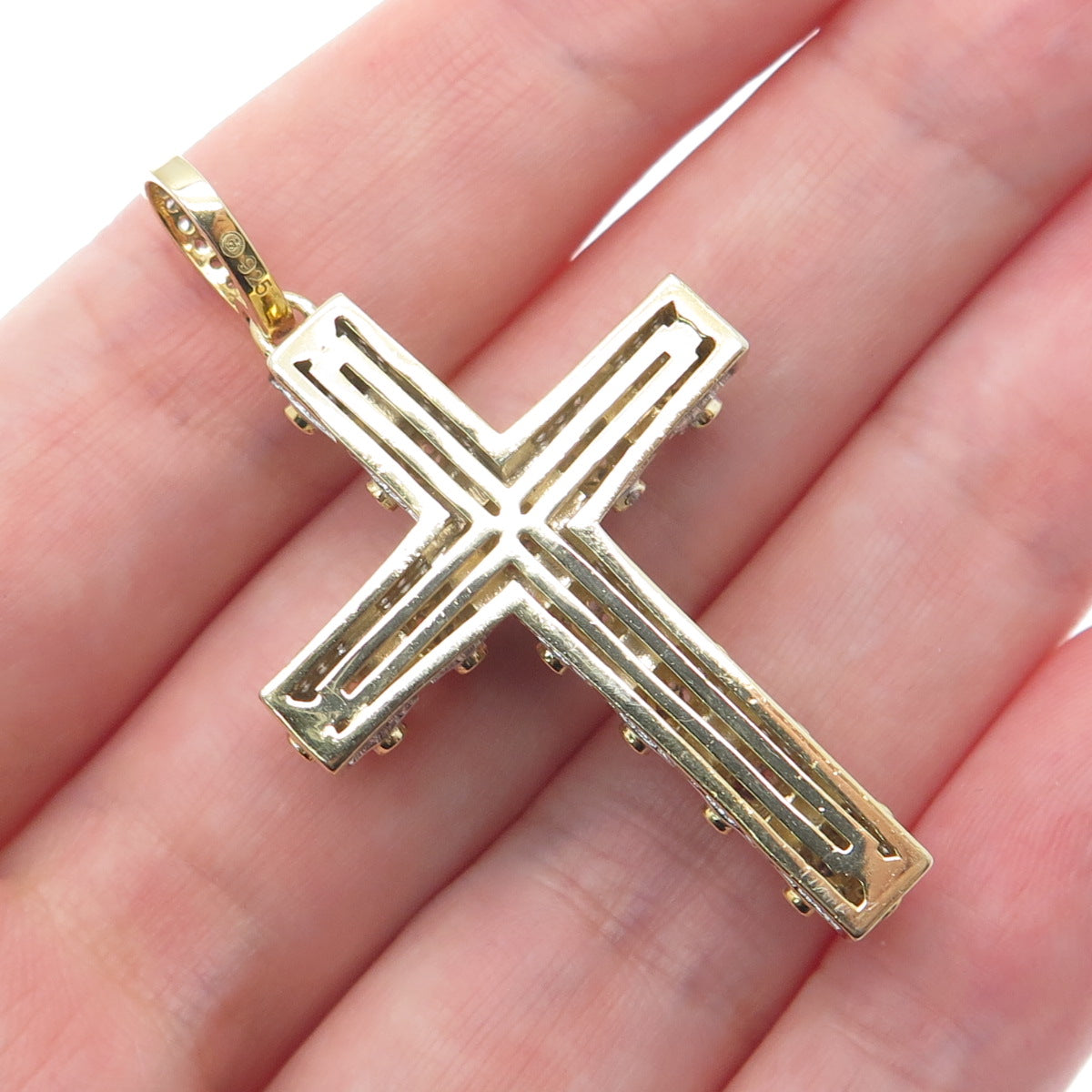 925 Sterling Silver Gold Plated Round-Cut Shaped C Z Cross Pendant