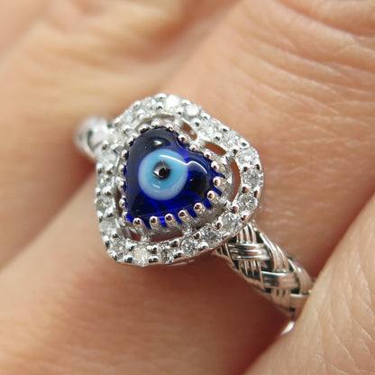 925 Sterling Silver Diamond Glass Evil Eye Heart Woven Adjustable Ring Size 5.5