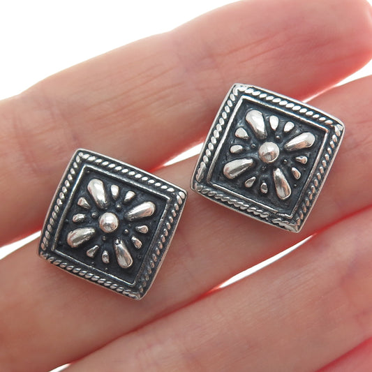 925 Sterling Silver Vintage Floral Roped Bezel Oxidized Stud Earrings
