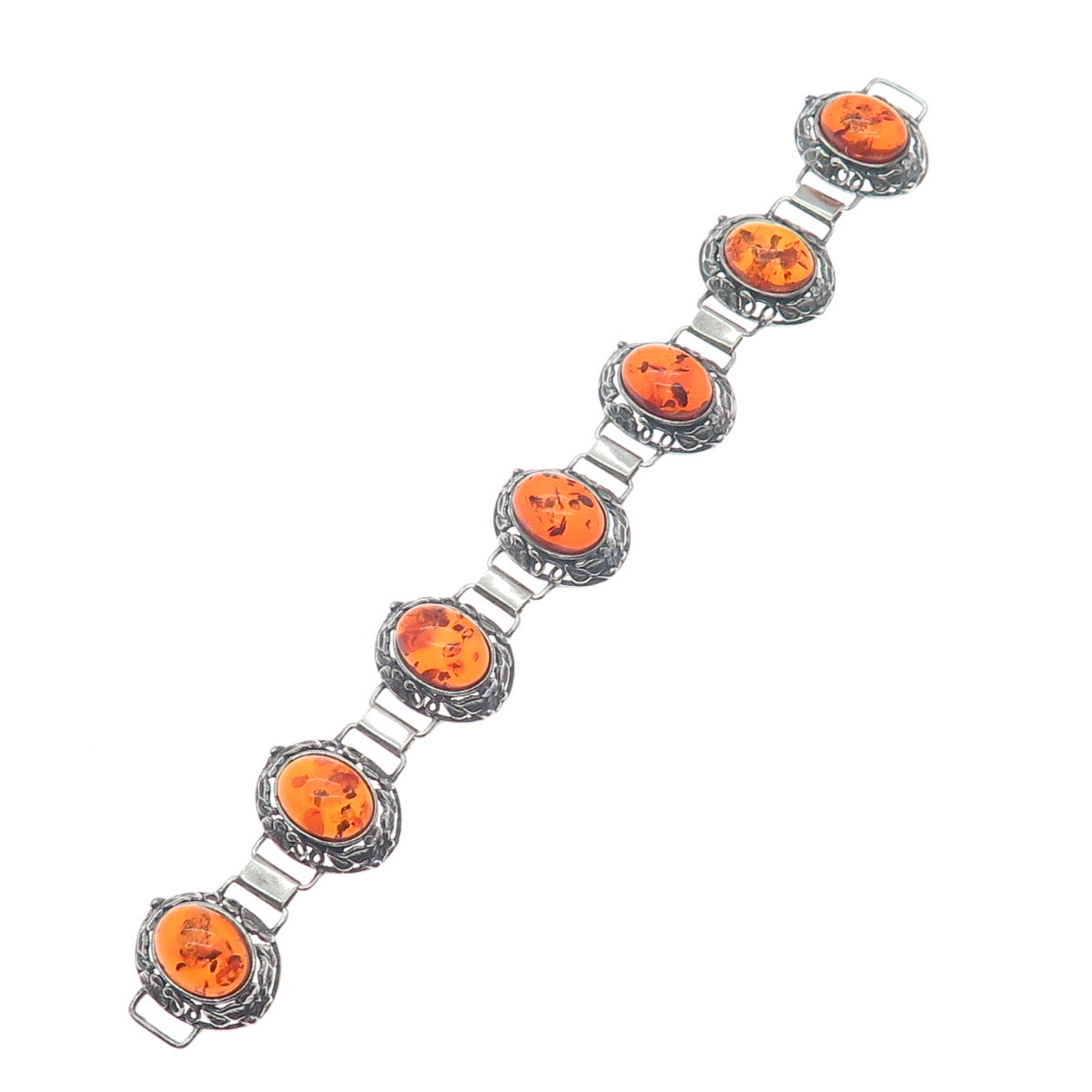925 Sterling Silver Vintage Amber Floral Oxidized Bracelet 6.5" (missing lock)