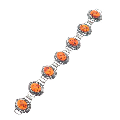 925 Sterling Silver Vintage Amber Floral Oxidized Bracelet 6.5" (missing lock)