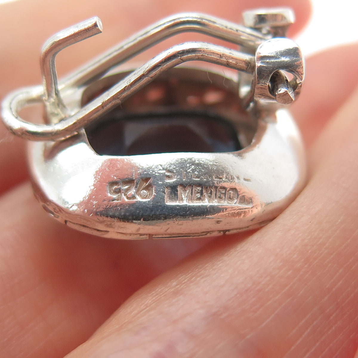 925 Sterling Silver Vintage Mexico Cushion-Cut Blue C Z Omega Back Earrings