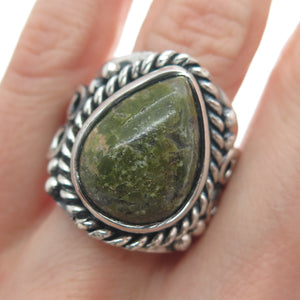 925 Sterling Silver Vintage Real Pear-Cut Unakite Heart Oxidized Ring Size 8.5