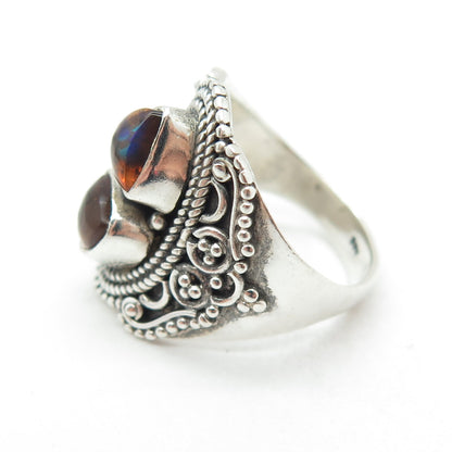 925 Sterling Silver Vintage Real Amber Granulated Roped Oxidized Ring Size 5.75