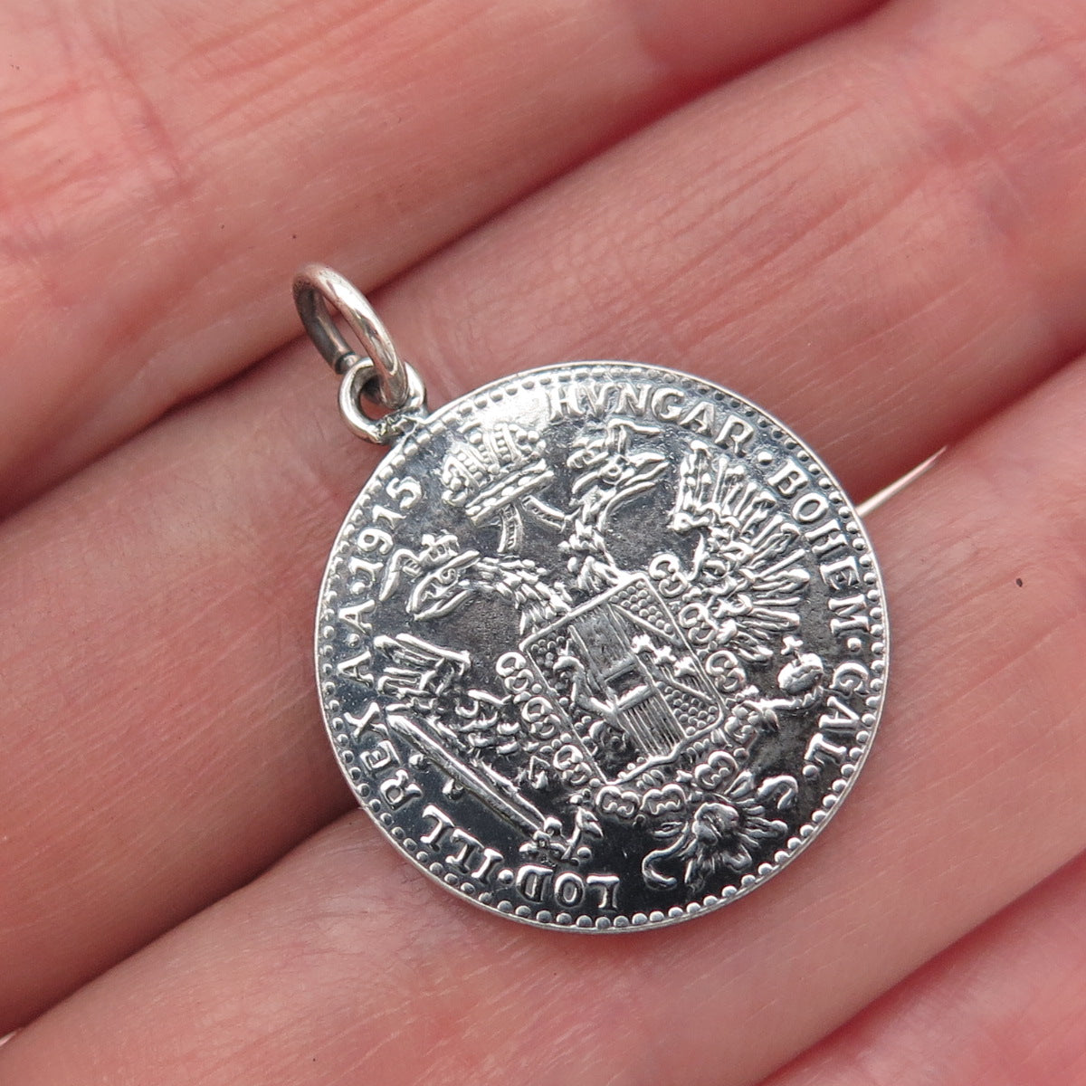 Silver Antique 1915 Austrian Empire Franz Joseph I Coin Replica Charm Pendant