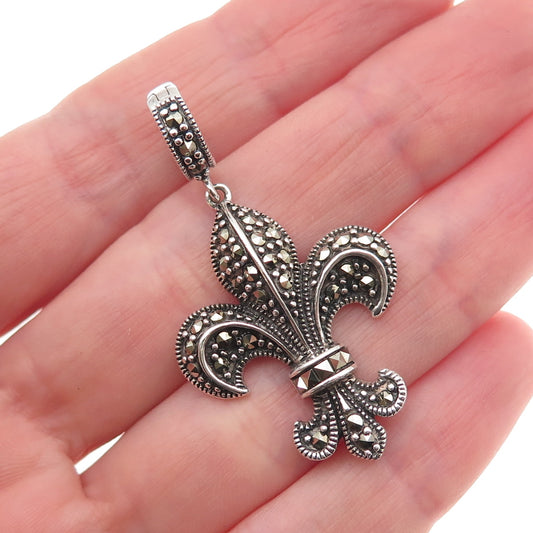 925 Sterling Silver Vintage Real Marcasite Fleur de Lis Oxidized Charm Pendant