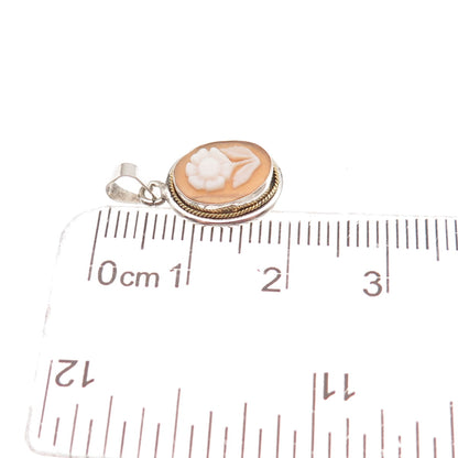 925 Sterling Silver 2-Tone Vintage Real MOP Floral Cameo Charm Pendant