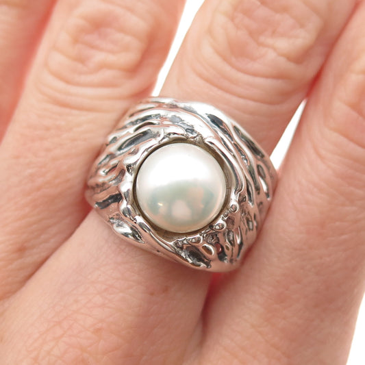 Hagit Gorali Sterling Silver Vintage Israel Real Pearl Modernist Ring Size 9.25