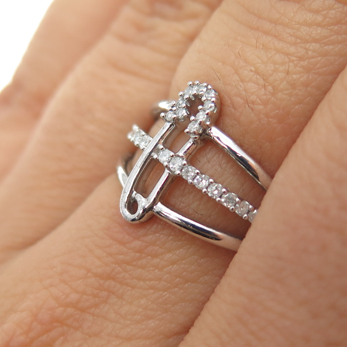 925 Sterling Silver Real Round-Cut Diamond Safety Pin 3-Row Ring Size 7