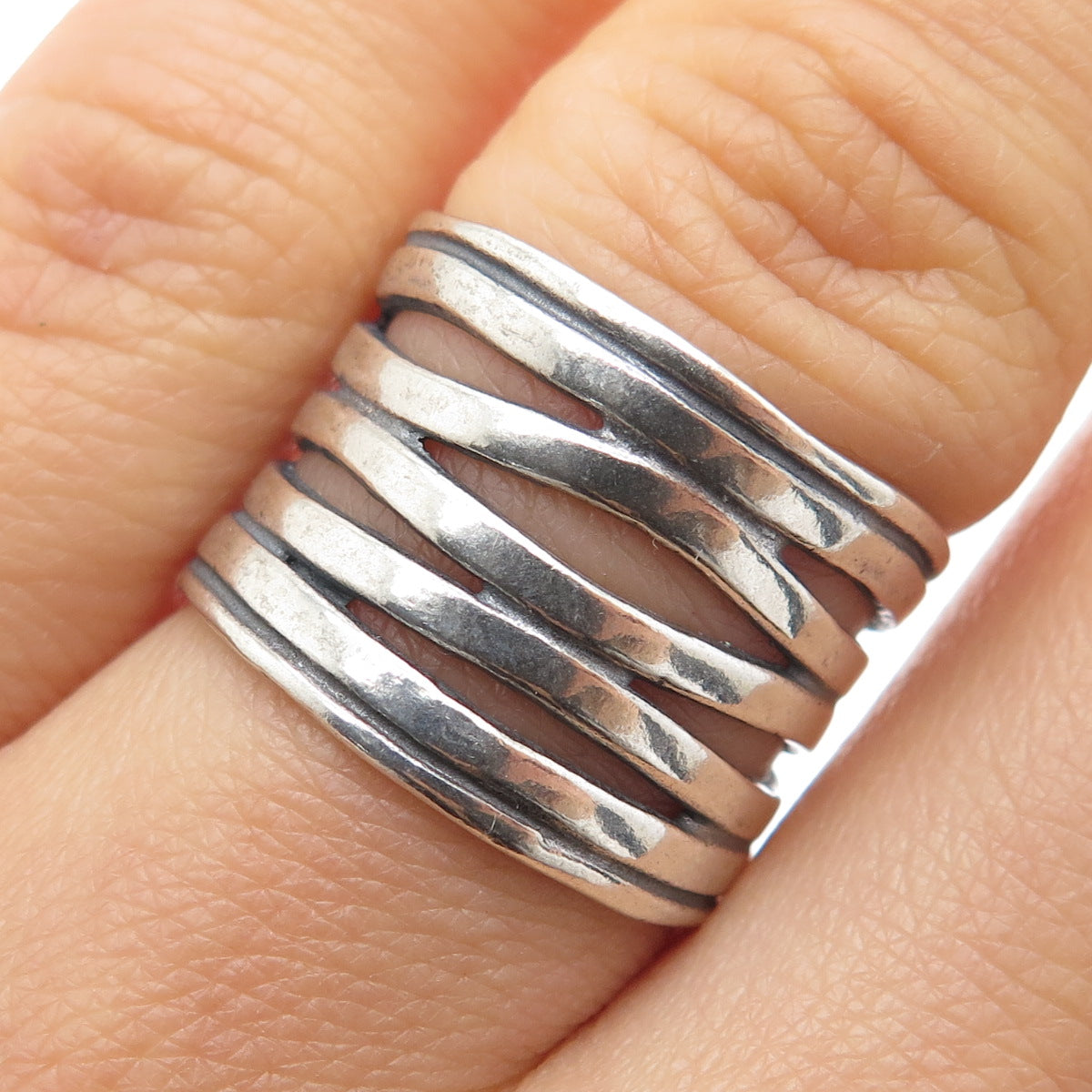 925 Sterling Silver Vintage Modernist 5-Wavy Row Oxidized Ring Size 7.25