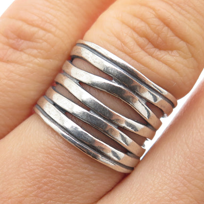 925 Sterling Silver Vintage Modernist 5-Wavy Row Oxidized Ring Size 7.25