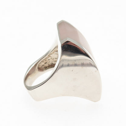925 Sterling Silver Vintage Real Rose Quartz Modernist Statement Ring Size 7