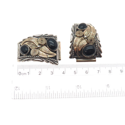 Old Pawn 925 Sterling Silver 2-Tone Vintage Black Onyx Feather Tribal Watch Band