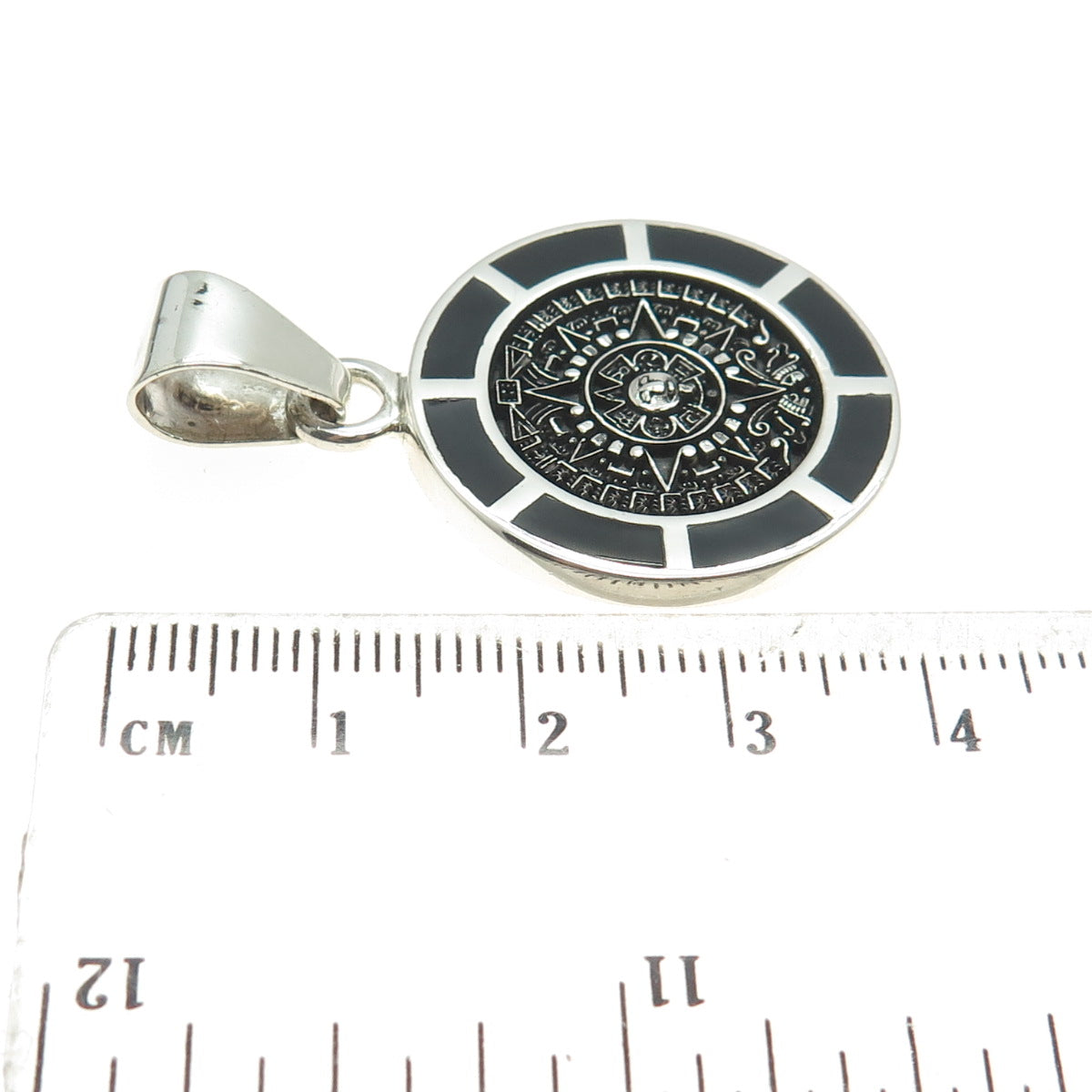 925 Sterling Silver Vintage Mexico Real Black Onyx Mayan Calendar Pendant