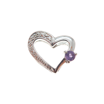 925 Sterling Silver Real Diamond Accent Amethyst Heart Minimalist Slide Pendant