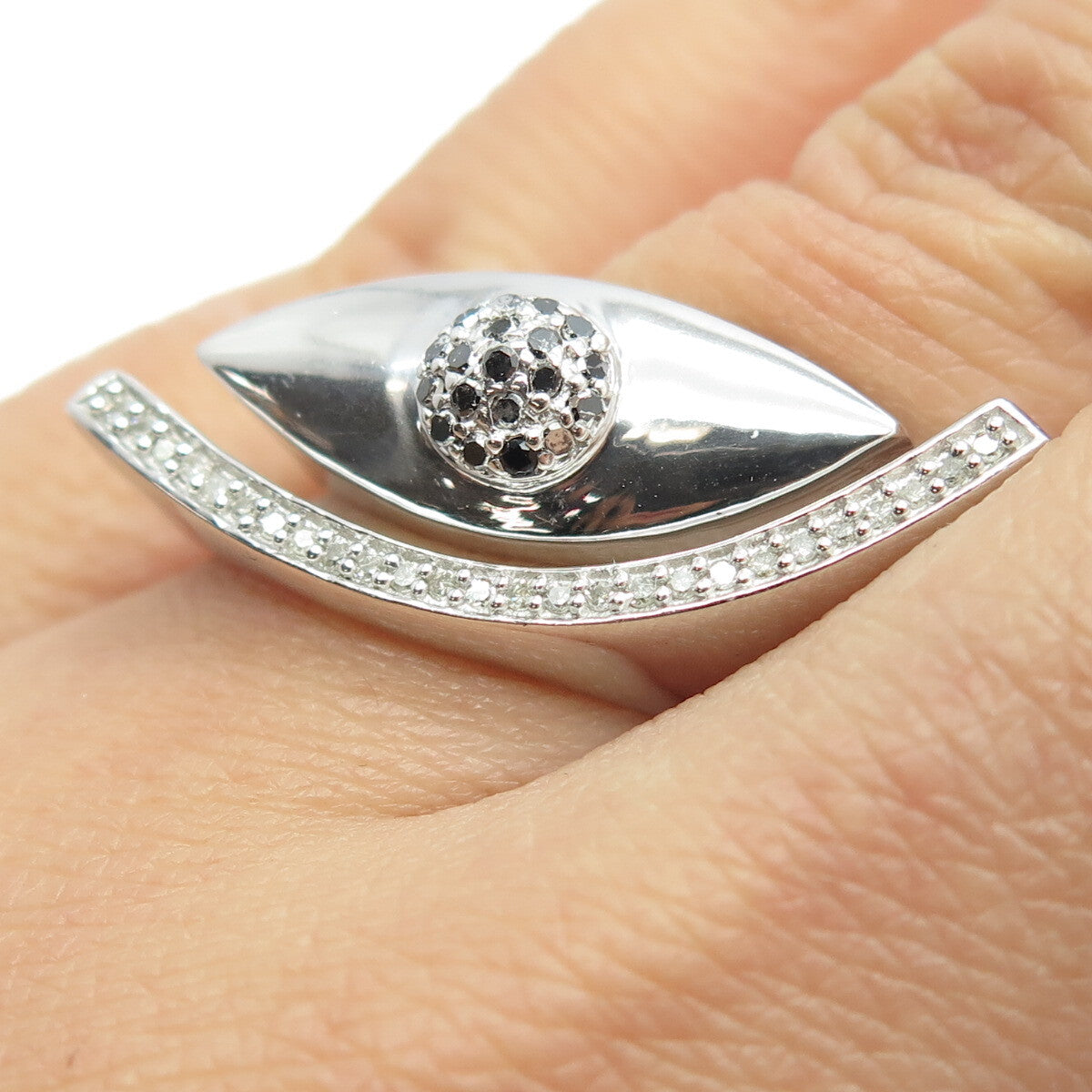 CHUCK CLEMENCY 925 Sterling Silver Real Black & White Diamond Eye Ring Size 5.75