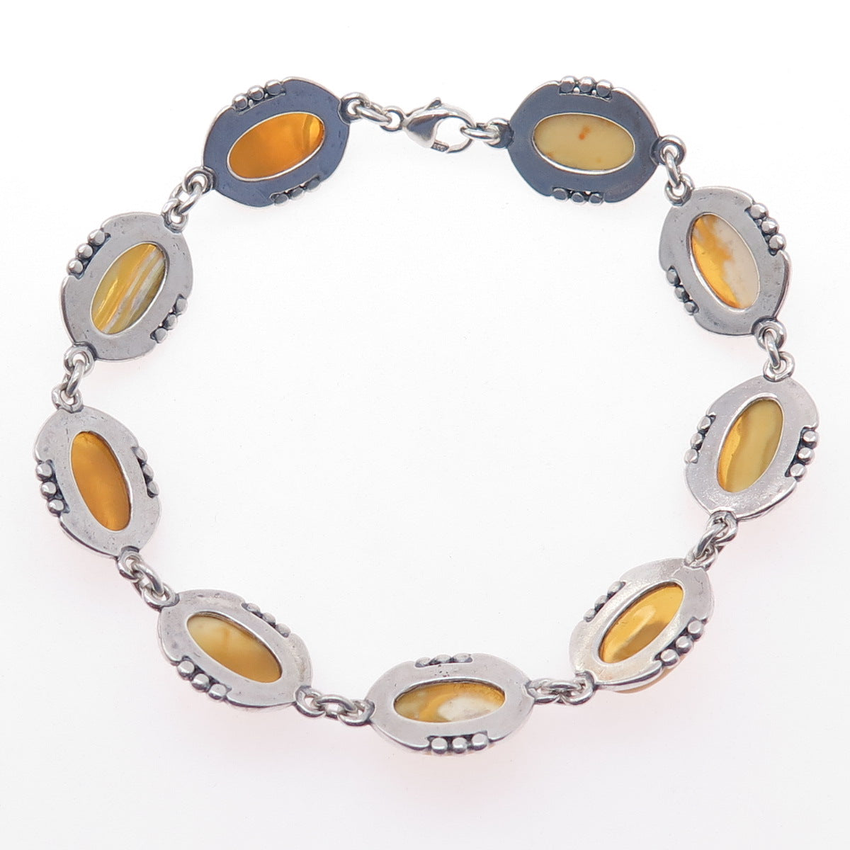 925 Sterling Vintage Real Scottish Egg Yolk Amber Modernist Bracelet 7.25"