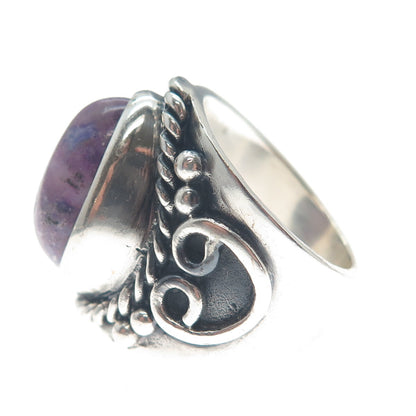 925 Sterling Silver Vintage Real Pear-Cut Sugilite Heart Oxidized Ring Size 8.5