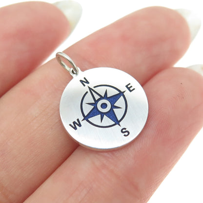 925 Sterling Silver Purple Enamel Compass Round Tag Minimalist Charm Pendant