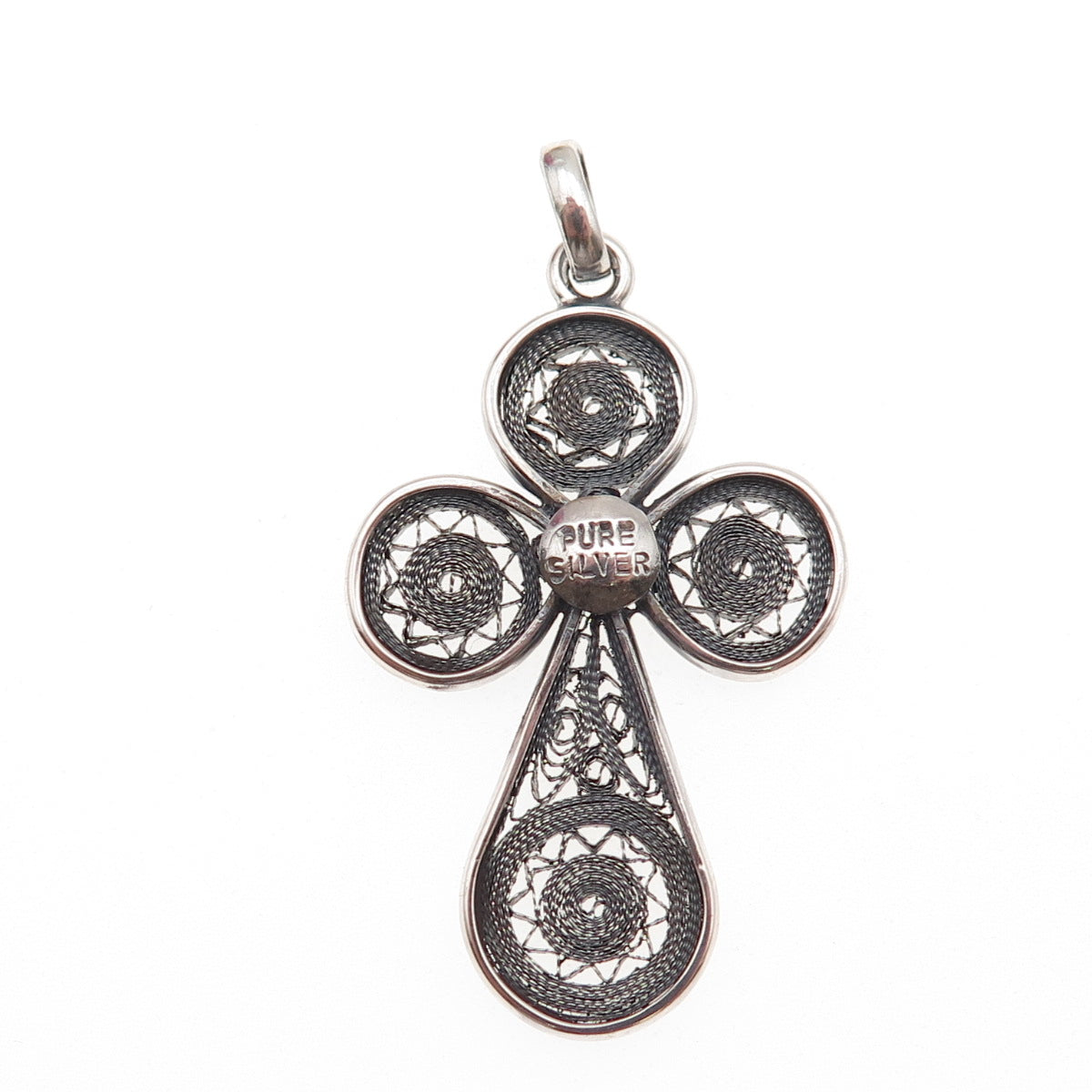 Pure 925 Sterling Silver Vintage Cross Filigree Oxidized Charm Pendant