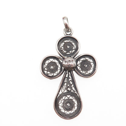 Pure 925 Sterling Silver Vintage Cross Filigree Oxidized Charm Pendant