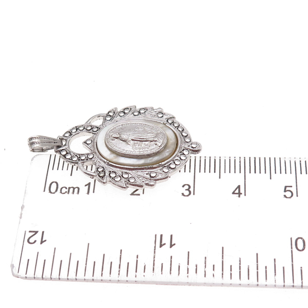 925 Sterling Silver Antique Art Deco Real MOP & Marcasite St. Mary Charm Pendant
