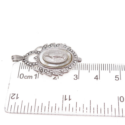 925 Sterling Silver Antique Art Deco Real MOP & Marcasite St. Mary Charm Pendant