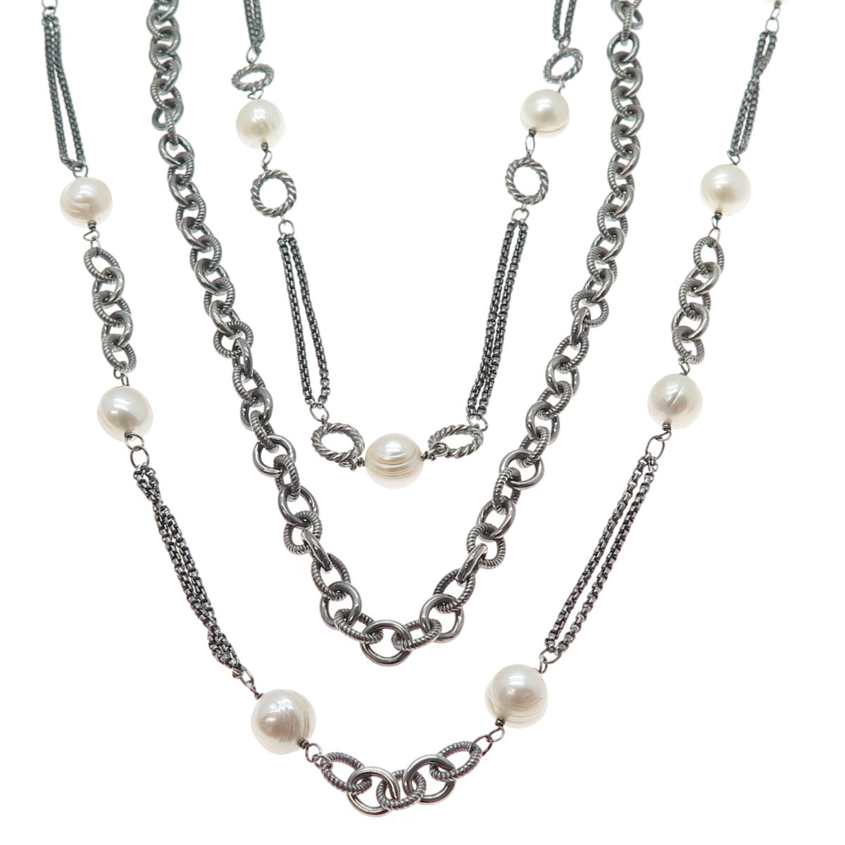 925 Sterling Vintage Pearl Heavy 124.5g Multi-Row Chain Oxidized Necklace 16-24"
