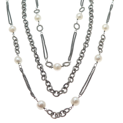 925 Sterling Vintage Pearl Heavy 124.5g Multi-Row Chain Oxidized Necklace 16-24"