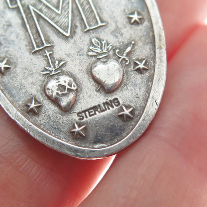 925 Sterling Silver Antique Art Deco St. Mary Religious Medal Oxidized Pendant