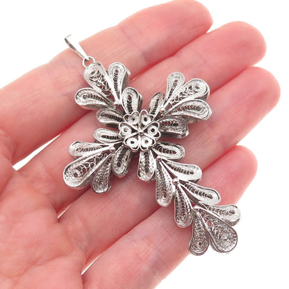 925 Sterling Silver Antique Art Deco Cross Floral Filigree Oxidized Pendant