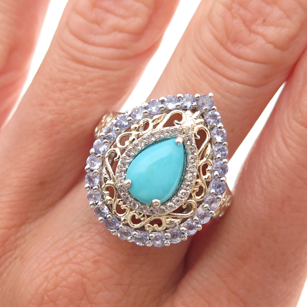 Chuck Clemency 925 Sterling Silver Real Turquoise Tanzanite Topaz Ring Size 8.25