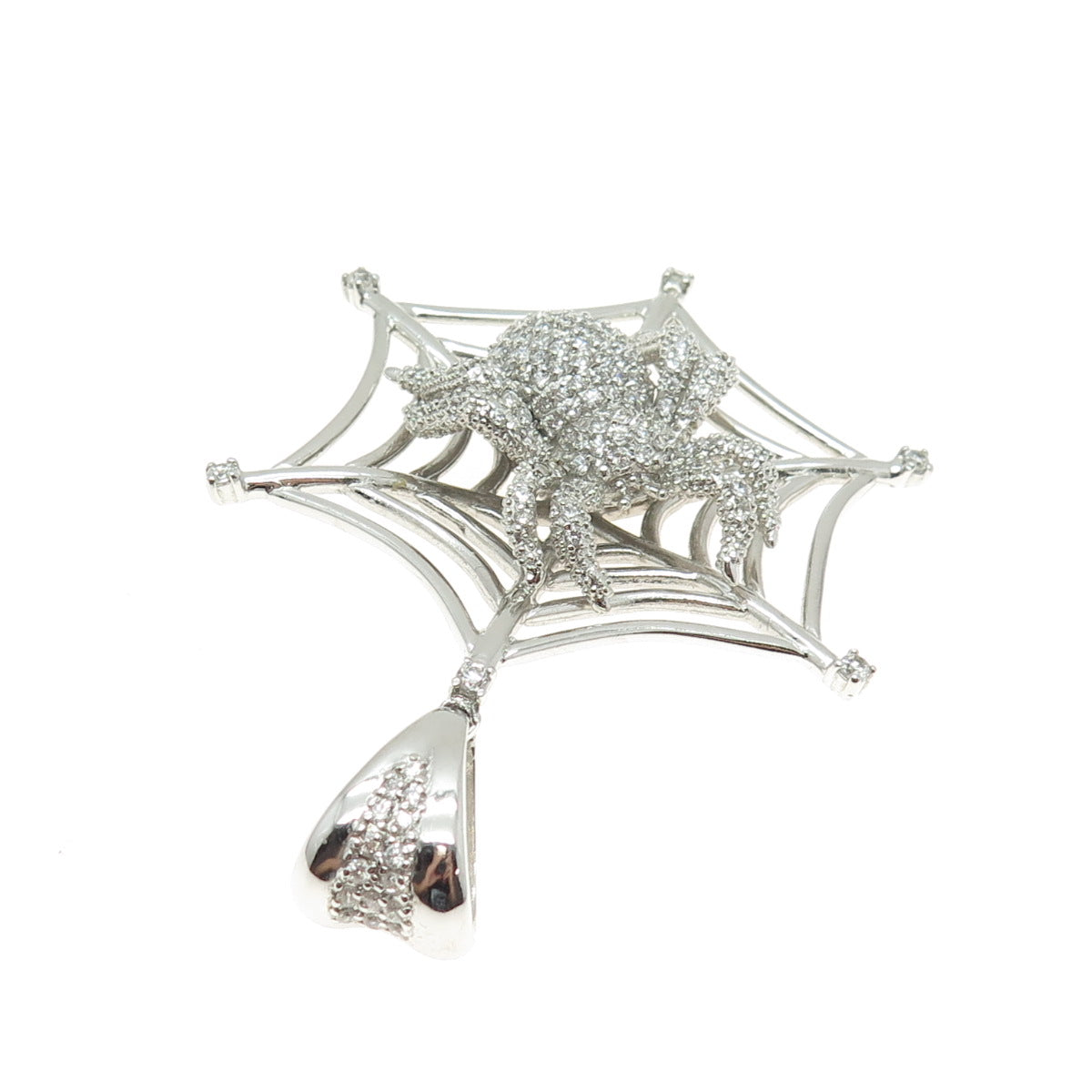 925 Sterling Silver Round-Cut C Z Spider Web Pendant