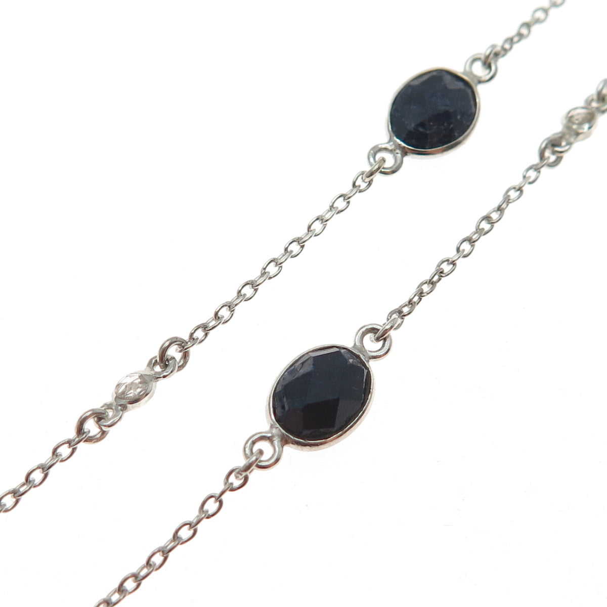 DSMK 925 Sterling Silver Real Oval-Cut Sapphire Station Chain Necklace 36"