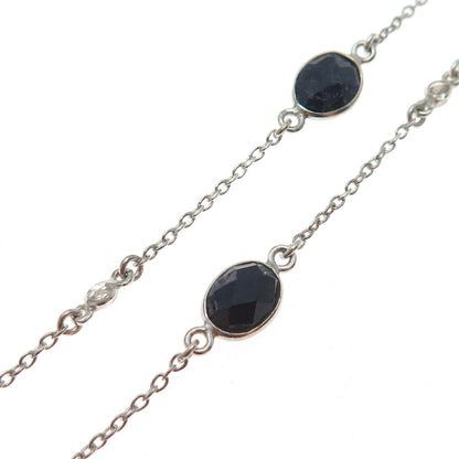 DSMK 925 Sterling Silver Real Oval-Cut Sapphire Station Chain Necklace 36"